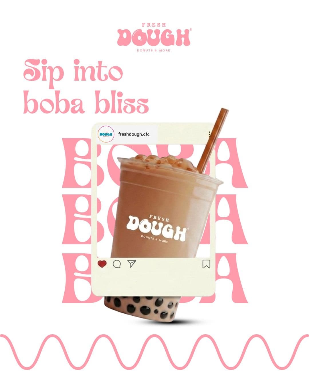 Fresh Dough boba milk tea with a wide straw